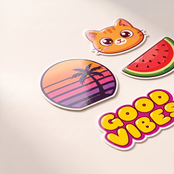 Pegatinas DTF UV con detalles en relieve: atardecer retro, gato, sandía y Good Vibes