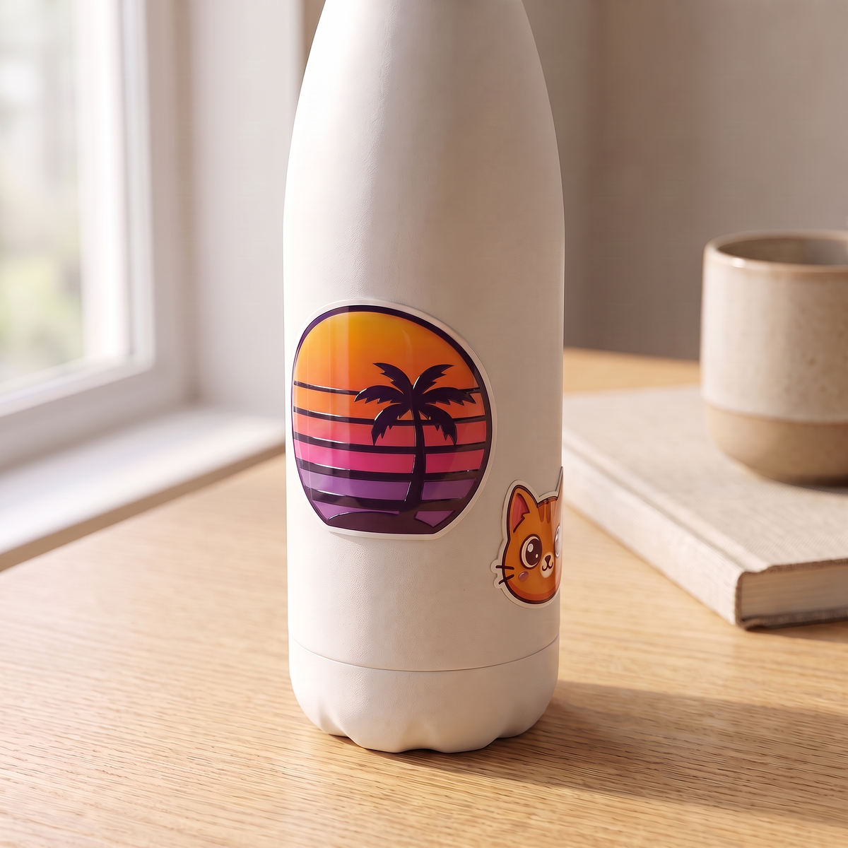Pegatinas DTF UV aplicadas en una botella metálica